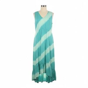 April Cornell Dress L Green Aqua Tie Dye Striped Ruffle Maxi Resort Beach Boho